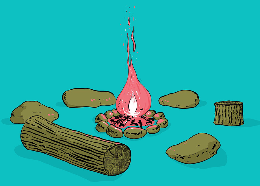A drawn campfire encircled by stones and logs on a turquoise background.