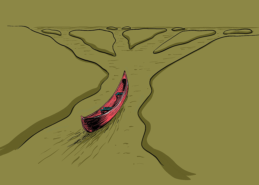 A red canoe approaches branching waterways in a hand-drawn olive landscape.