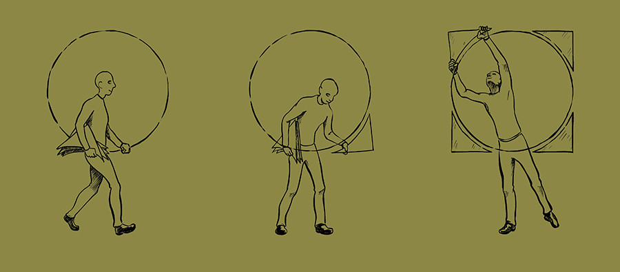 Three drawn figures explore a circle through movement, from a small circle to a larger one.