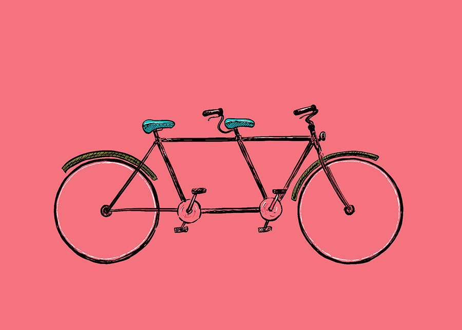 Hand-drawn tandem bicycle on a coral background.